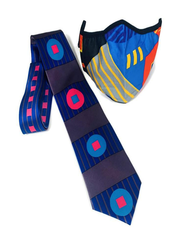 Blue & Brown Tie with Geometrics Face Mask