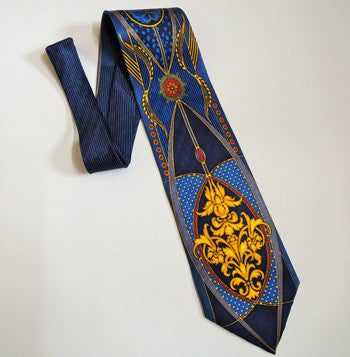 Pangborn Blue and Gold Filigree Vintage Tie