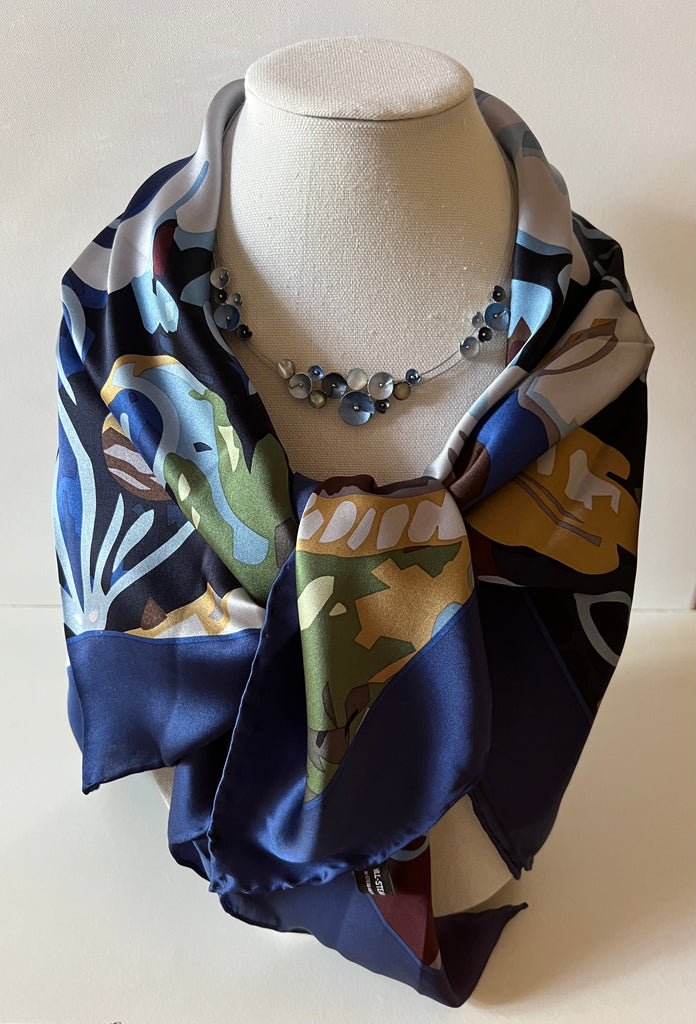 Shades of Blue silk scarf and enamel necklace