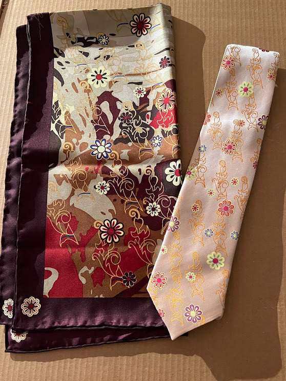 Earth Tones square silk scarf and champagne colored woven tie