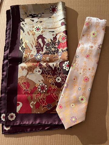 Earth Tones square silk scarf and champagne colored woven tie