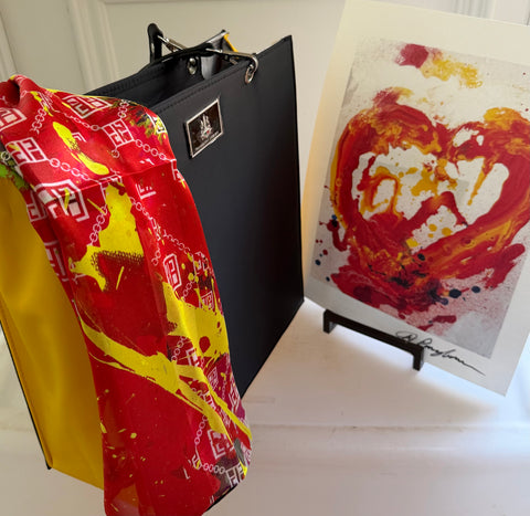 Pangborn Tote, Red Poppies on Pink Silk Scarf and Heart Print
