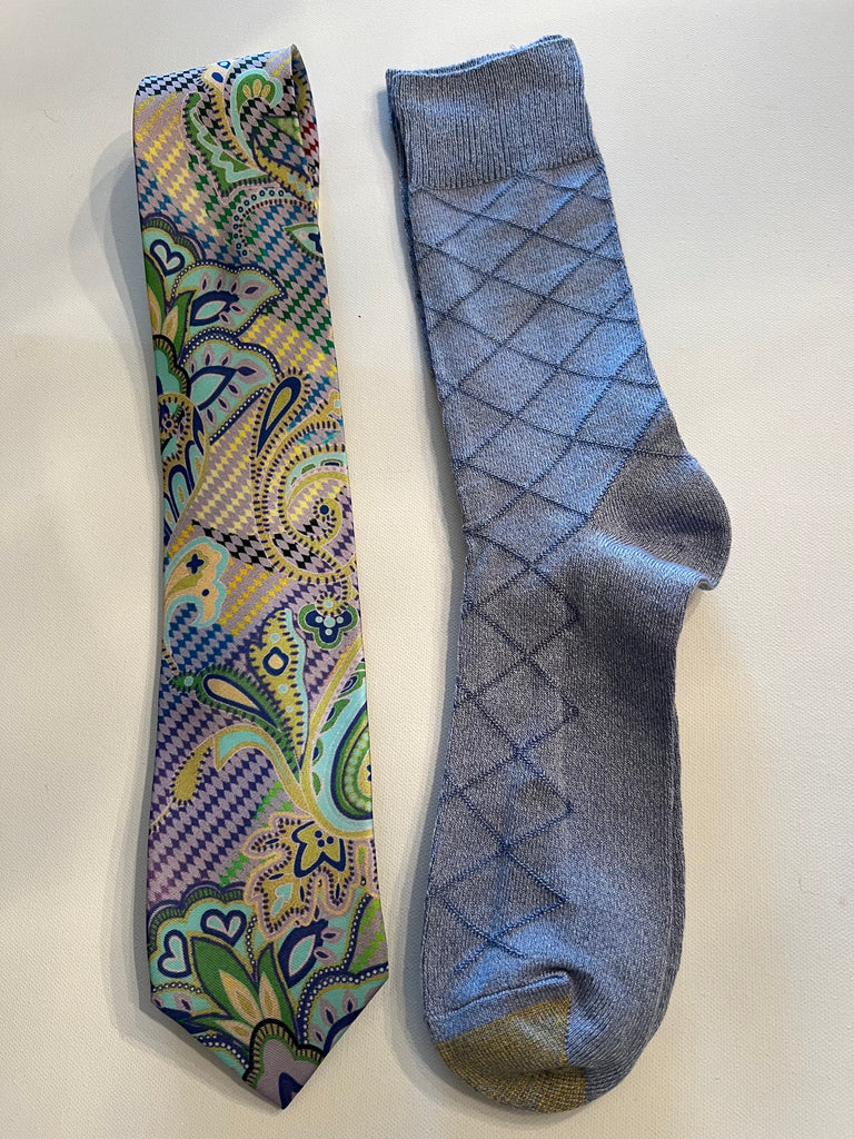 Pastel Paisley Check silk tie with blue socks