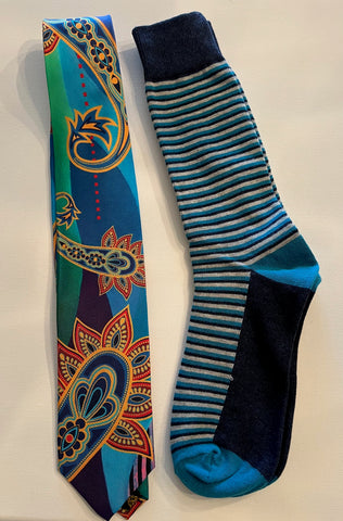 Gold Paisley on blue silk tie with striped socks