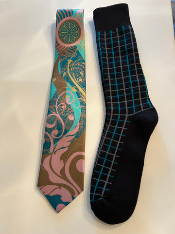 Tranquility silk tie in teal and pink with socks
