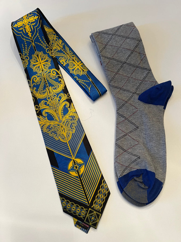 Blue Retro Silk Tie with Gray Socks