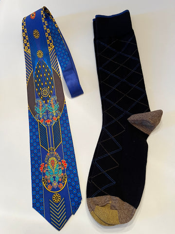 Intricate Blue Vintage Tie with Dark Socks