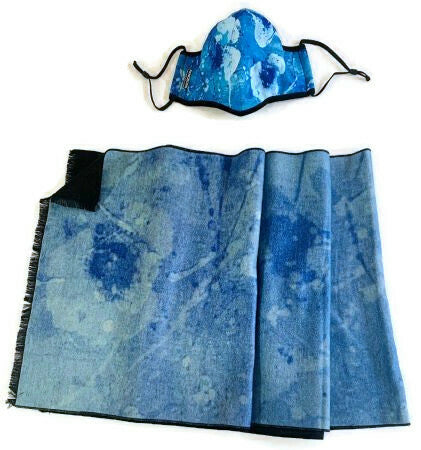 Blue Poppies Brushed Silk Scarf and Face Mask Set