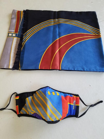 Geometrics Mask - Blue, Red, Yellow Lined SIlk Scarf