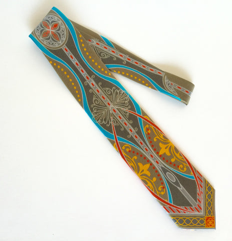 Pangborn Gratitude Silk Tie in gold, turquoise on taupe