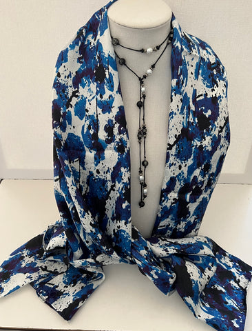 Imperial Blue Poppies XL Oblong Silk Scarf with Lariat necklace