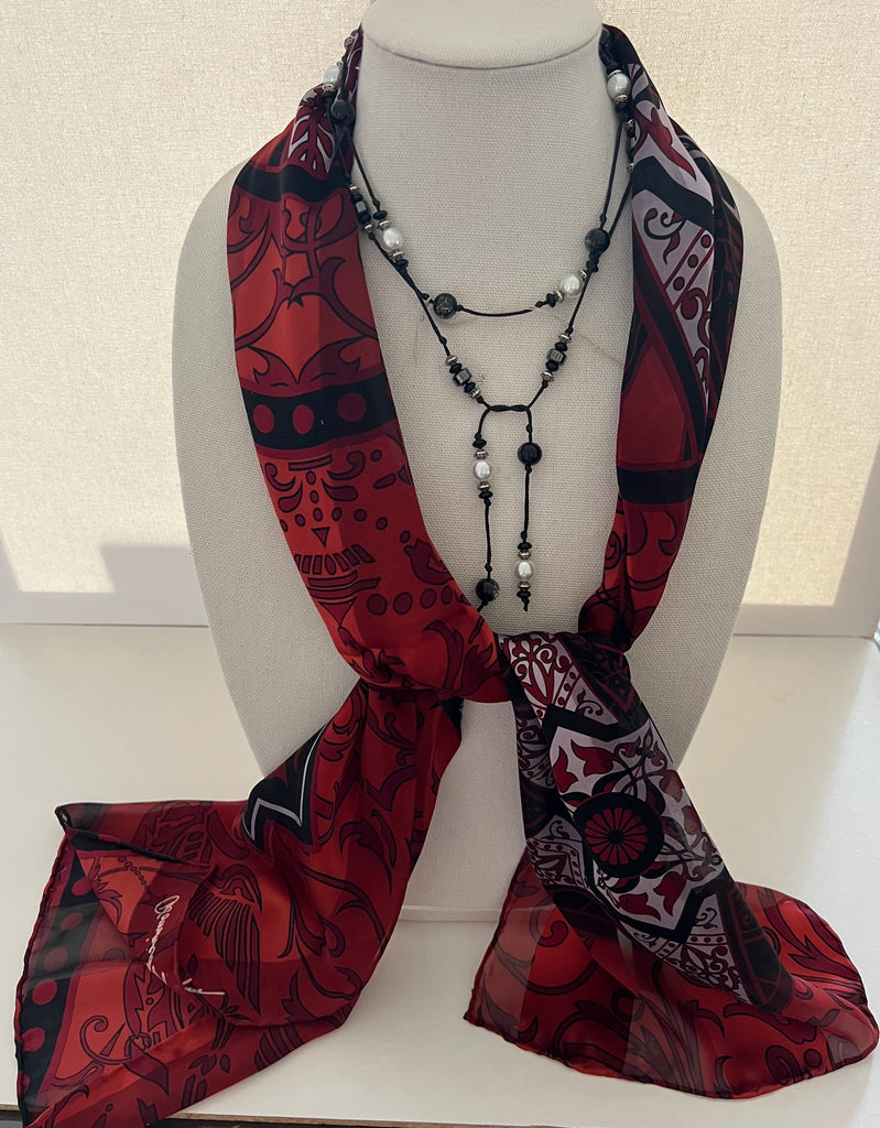 Red and Black Silk Scarf with Lariat
