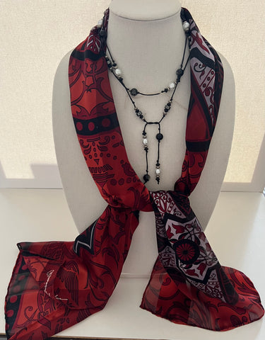 Red and Black Silk Scarf with Lariat