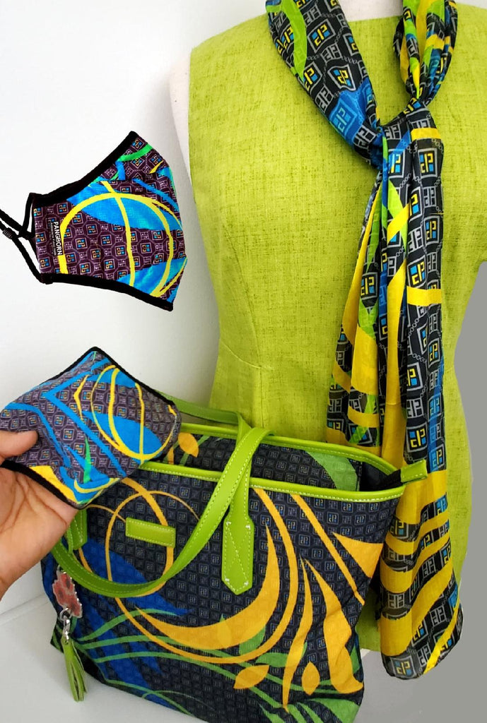 Swirls on Black Tote Bag, Silk Scarf and Face Mask Set