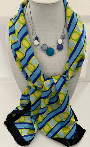 Summery Circles and Shades of Blue Stripes silk scarf and resin necklace