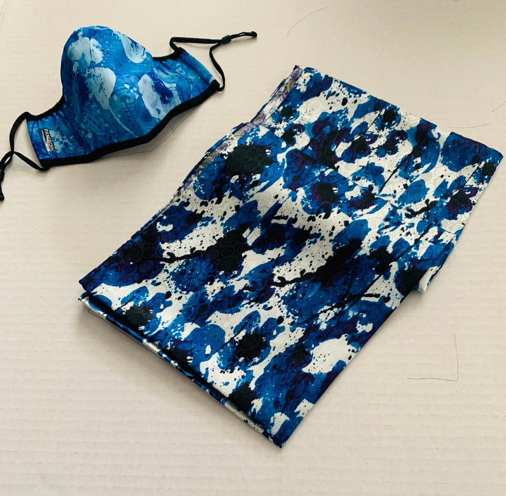 Blue Poppies Face Mask - Imperial Blue Silk Scarf