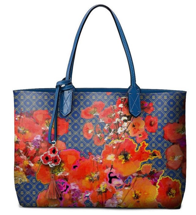 Orange Poppies on Blue Tote Bag