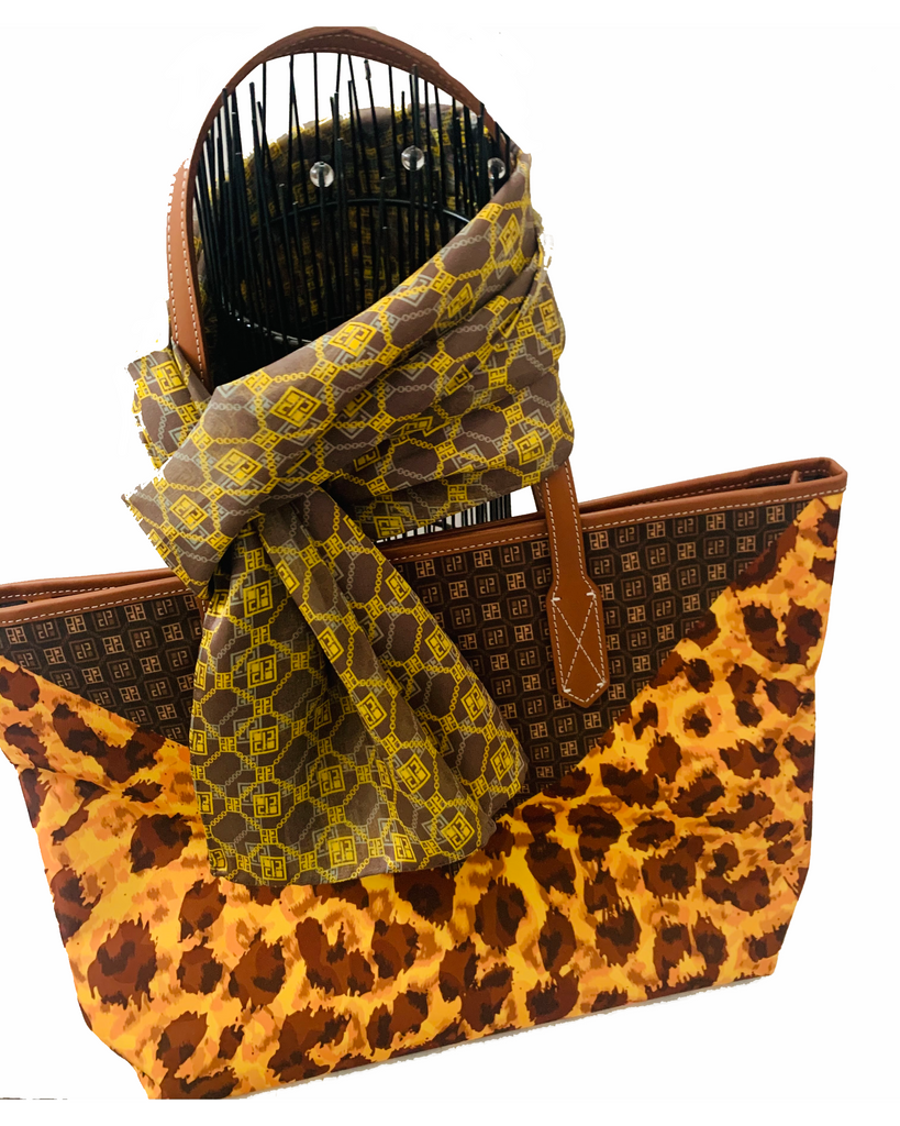 Leopard Pattern on Brown Tote Bag, Matching Silk Scarf